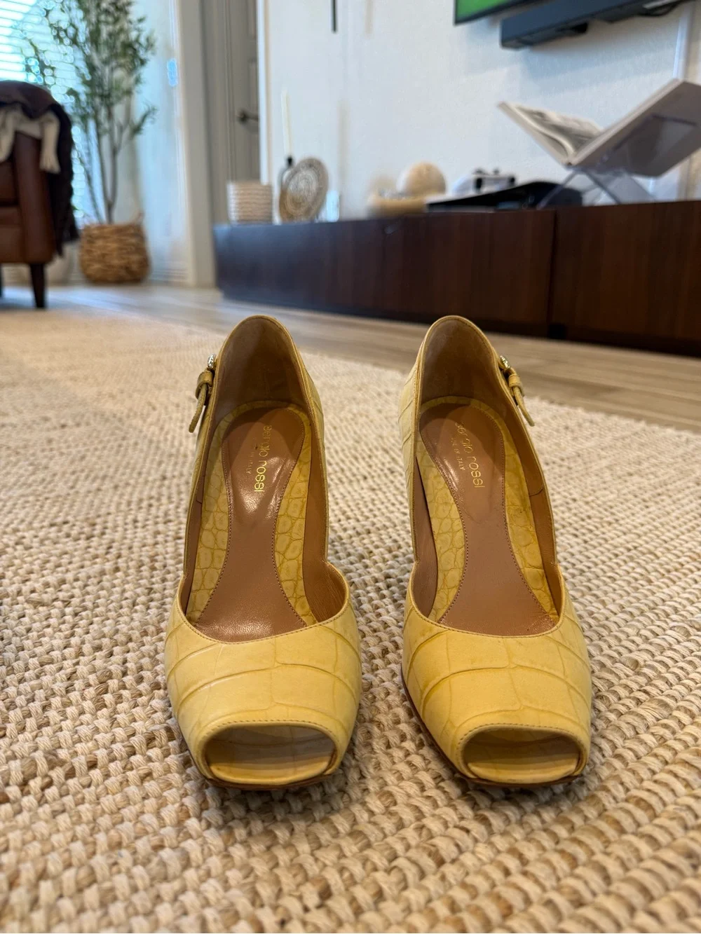Sergio Rossi Yellow Croc-Embossed Peep-Toe Pumps